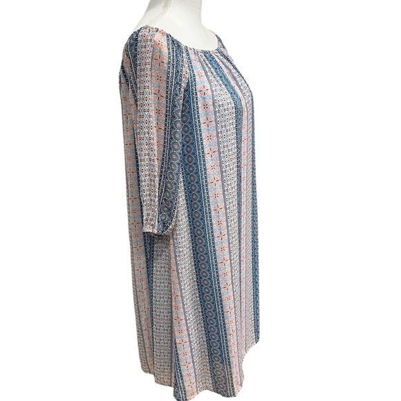 L Love Bohemian Print 3/4 Sleeve Shift Dress Blue & Pink Women’s Size Small - Picture 3 of 10